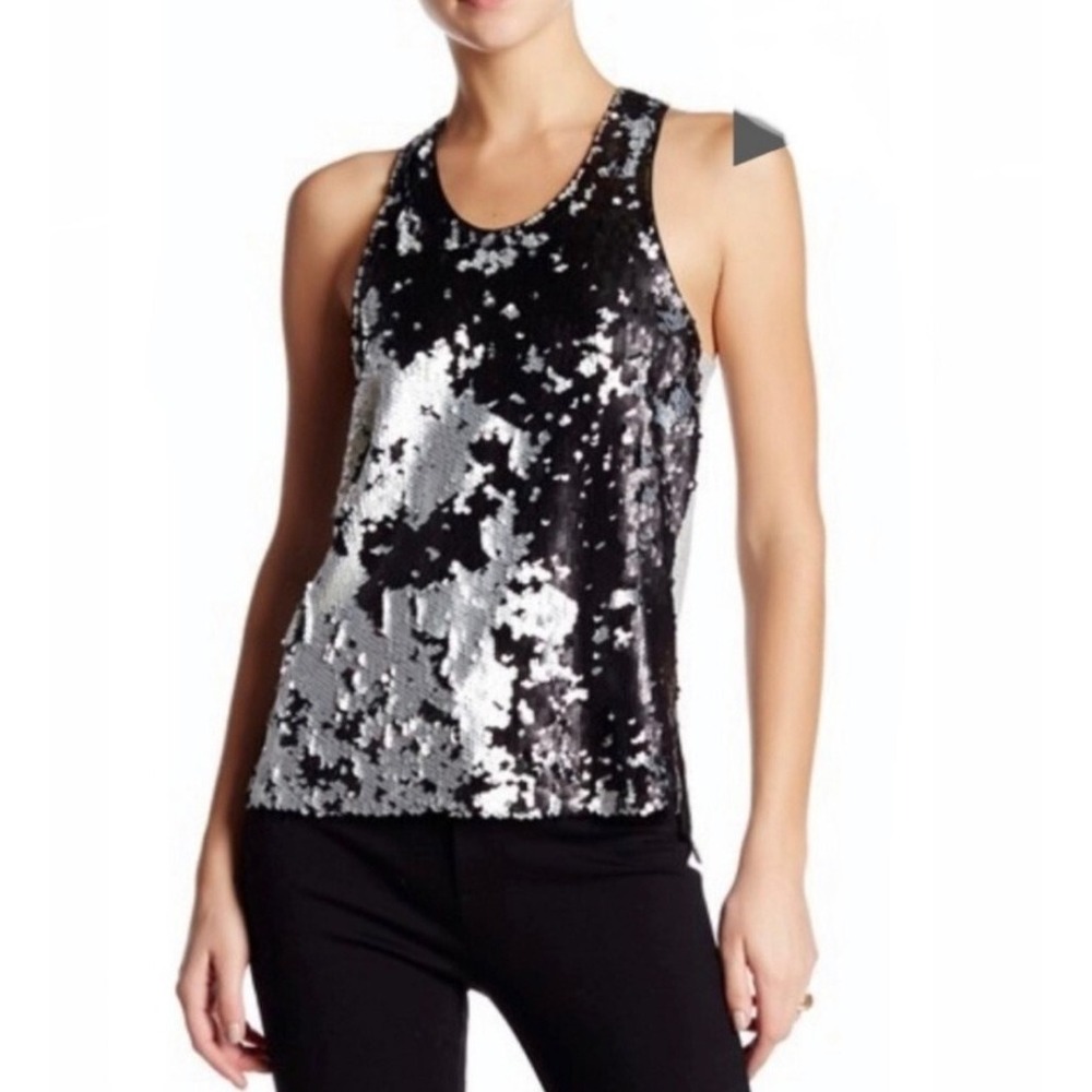 Edgy Express Sequin Tank Top Black Silver Abstract Scoop Neck Racerback Small
